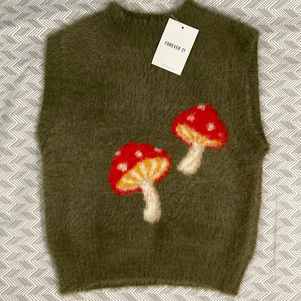 Fuzzy Green Sweater Vest w/ Cute Mushroom Detail
